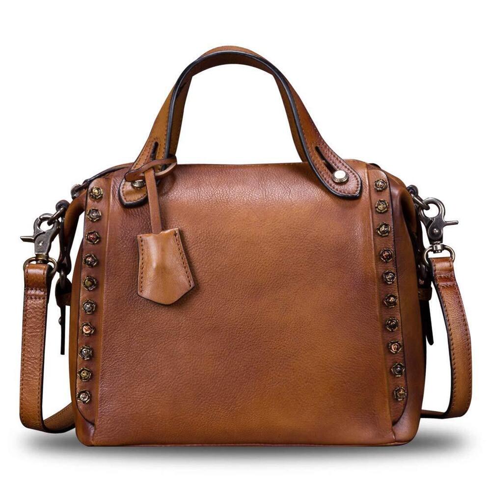 9676 Leather Satchel Handmade Vintage Crossbody Bag Shoulder Purses Brown